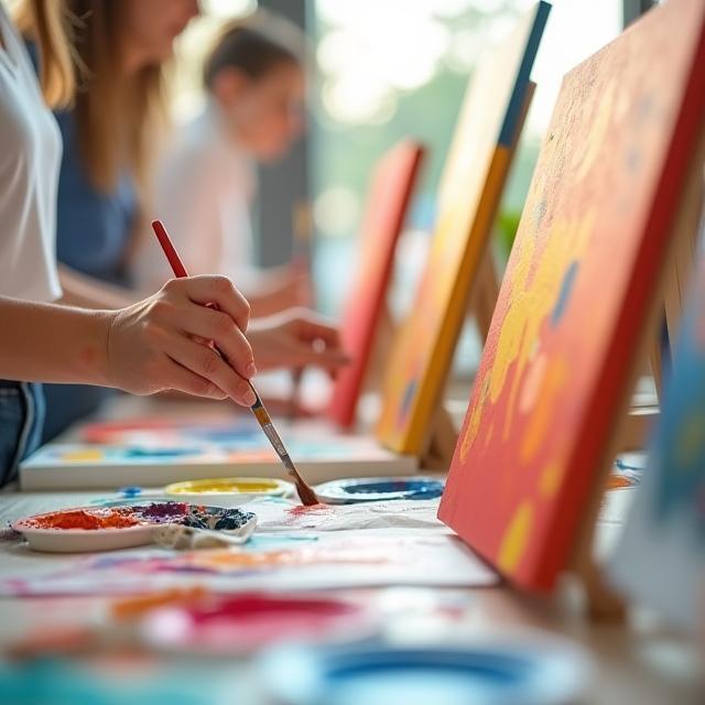 Brush dipping in vibrant paint palette